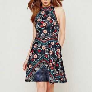 Nicole Miller Mock Neck Jacquard Fit & Flare Dress